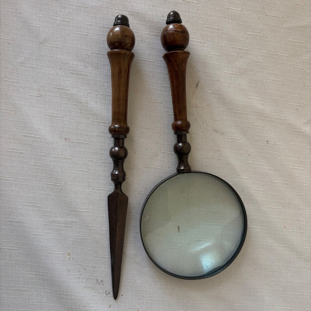 Vintage Wooden Handle Magnifying Glass and Letter Opener Desk Set 2 Piece